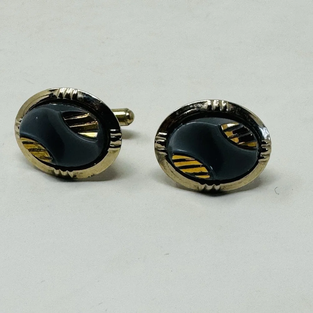 Vintage gold-tone &‎ Gray Men's Oval Cufflinks Classic Charity Elegant Black Tie